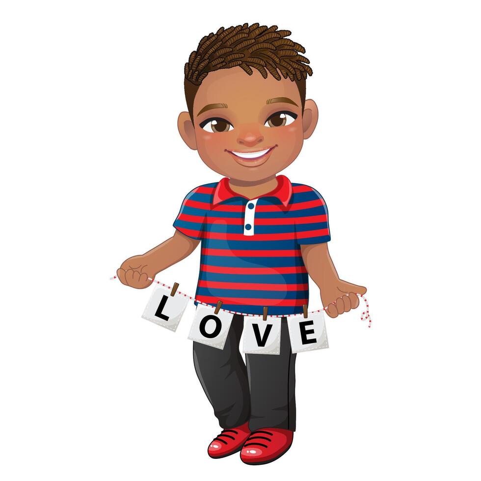 enamorado s día con americano africano chico participación letras de palabra amor dibujos animados personaje vector ilustración