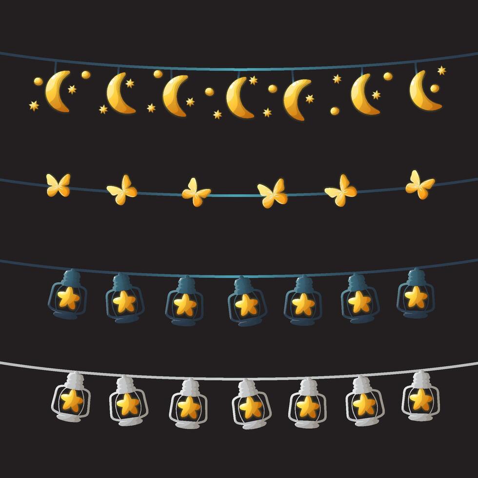 Set of String Lights Warm Lamps Garlands, The Moon and Lamp Festive Decorations on Black Background Vector