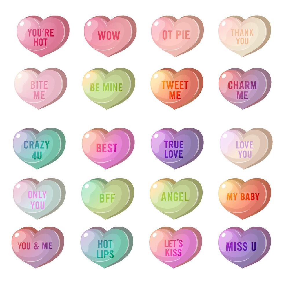 Sweet Conversation on Candy Hearts Pastel Color for Valentine s Day on White Background Vector