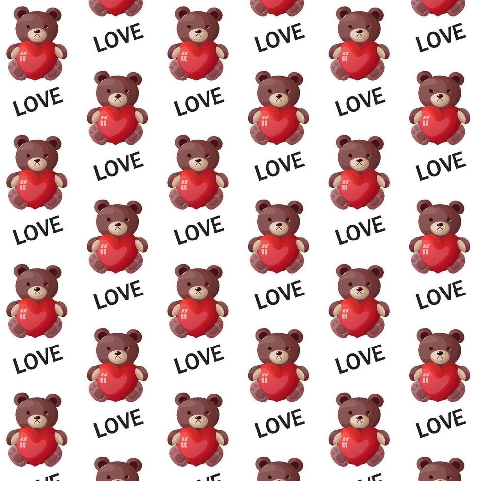 Valentine s day seamless pattern with brown bear holding red heart on white background vector