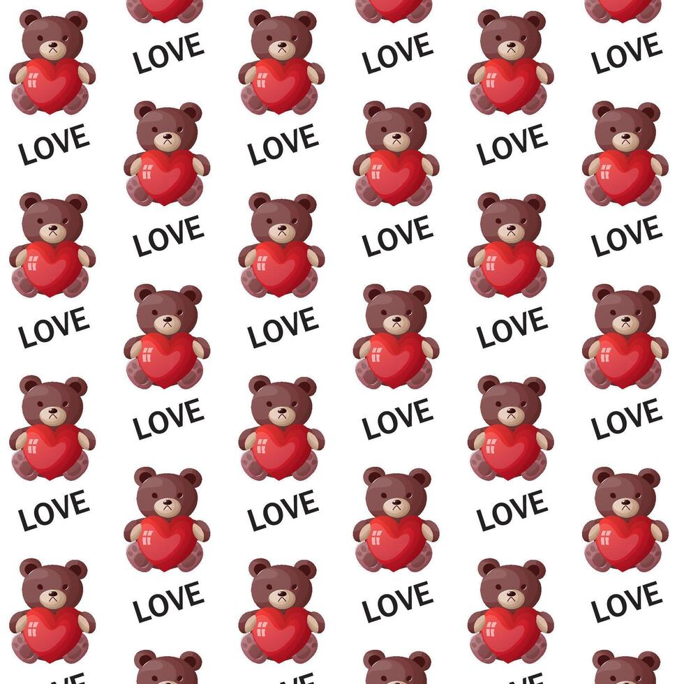 Valentine s day seamless pattern with brown bear holding red heart on white background vector