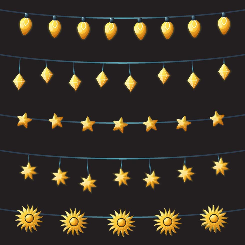Set of String Lights Warm Lamps Garlands, Sun, Stars and Little Bulbs Festive Decorations on Black Background Vector