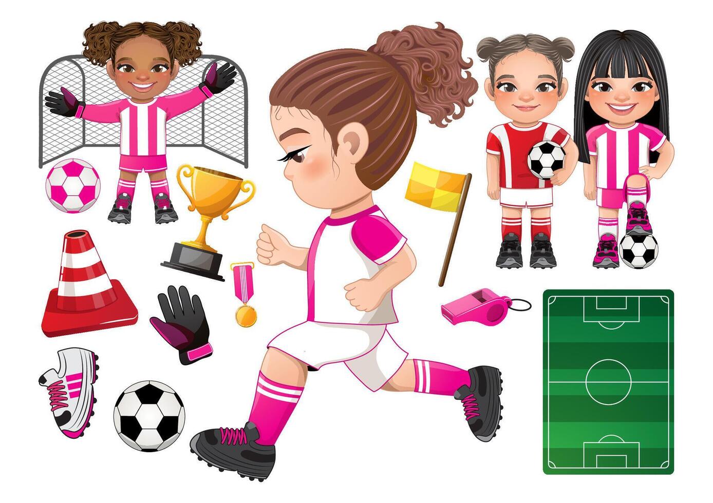 Soccer player girls international and elements collection vector design