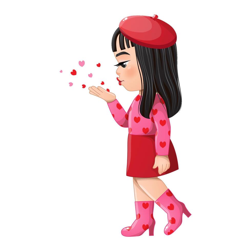 Valentine s Day with Little Girl Side View Blowing Hearts flat vector illustration. Valentines Day Celebration Cartoon Vector