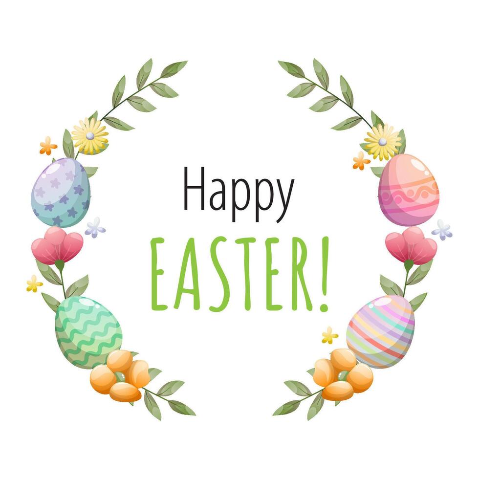 Easter wreath with flowers and eggs. Vector greeting card with textbox