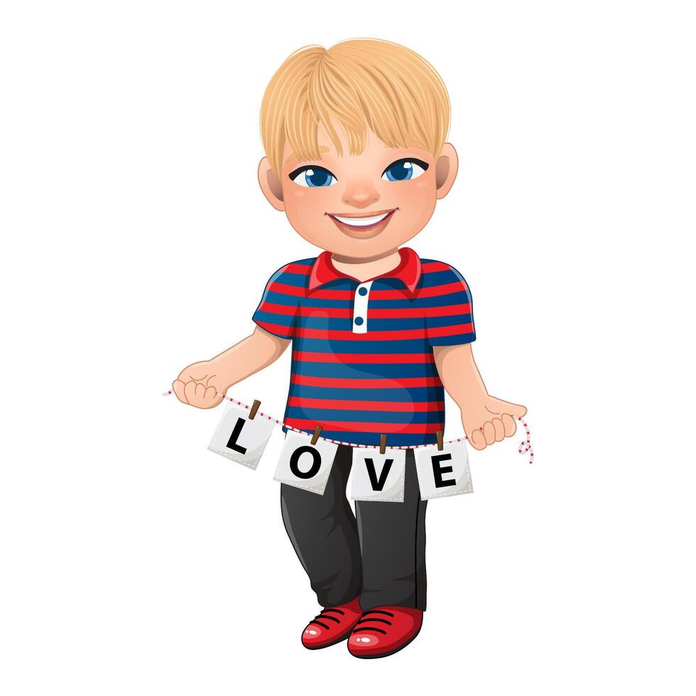 Valentine s Day with Blonde Hair Boy holding letters of word LOVE cartoon character vector illustration