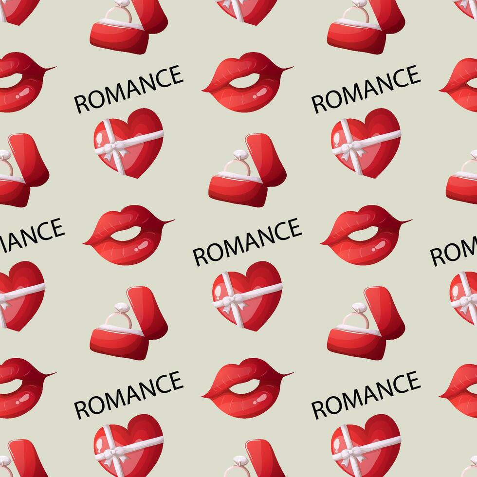 Valentine s day seamless pattern with wedding ring in red box, red heart and red lipstick kiss on cream color background vector