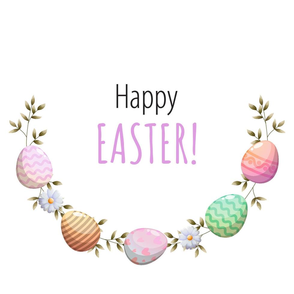 Easter wreath with flowers and eggs. Vector greeting card with textbox