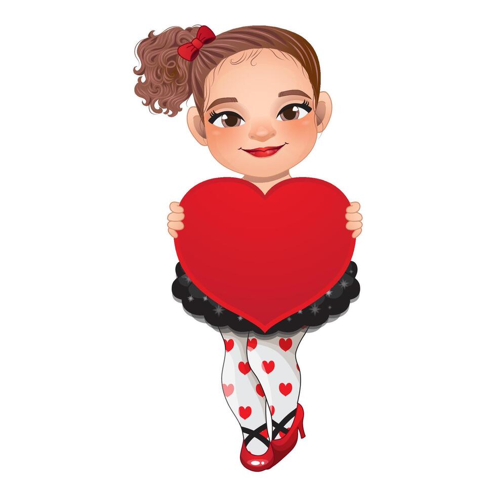 Valentine s Day with Cute Girl holding Red Heart Cartoon Character Vector illustration