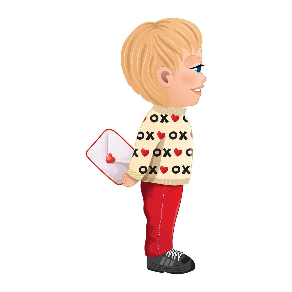 Valentine s Day with Blonde Hair Boy Side View holding Love Letter flat vector illustration. Valentines Day Celebration Cartoon Vector