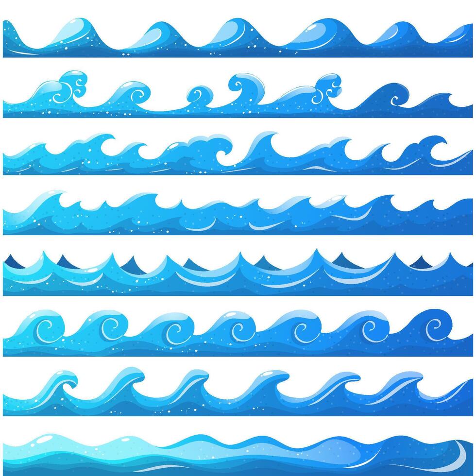 Set of blue sea waves border vector Illustration