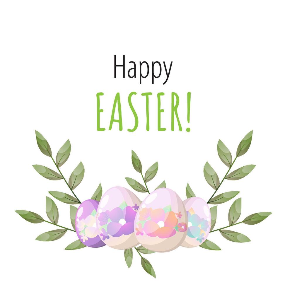 Easter wreath with flowers and eggs. Vector greeting card with textbox