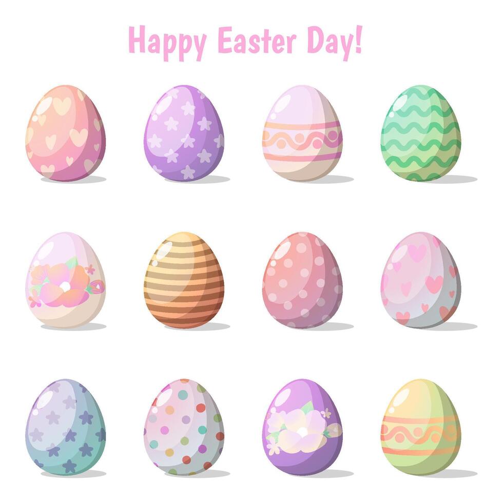 Happy Easter Day with Set of Easter eggs with different texture on a white background. Spring holiday Vector