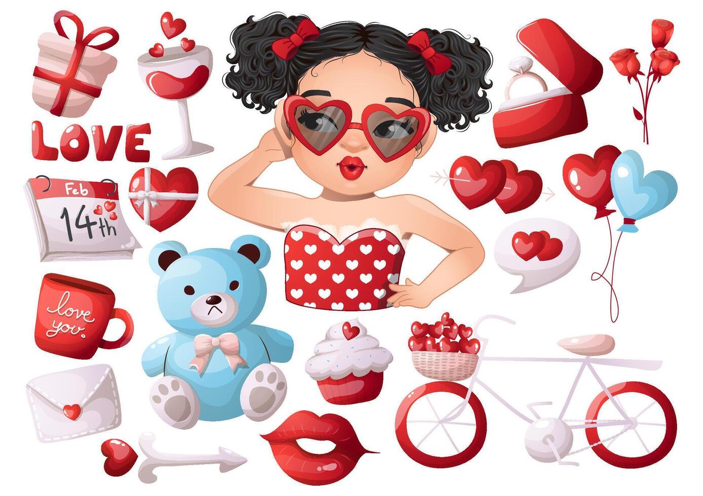 Set of Red Valentine s day elements and cool girl wearing heart shaped eyeglasses cartoon vector
