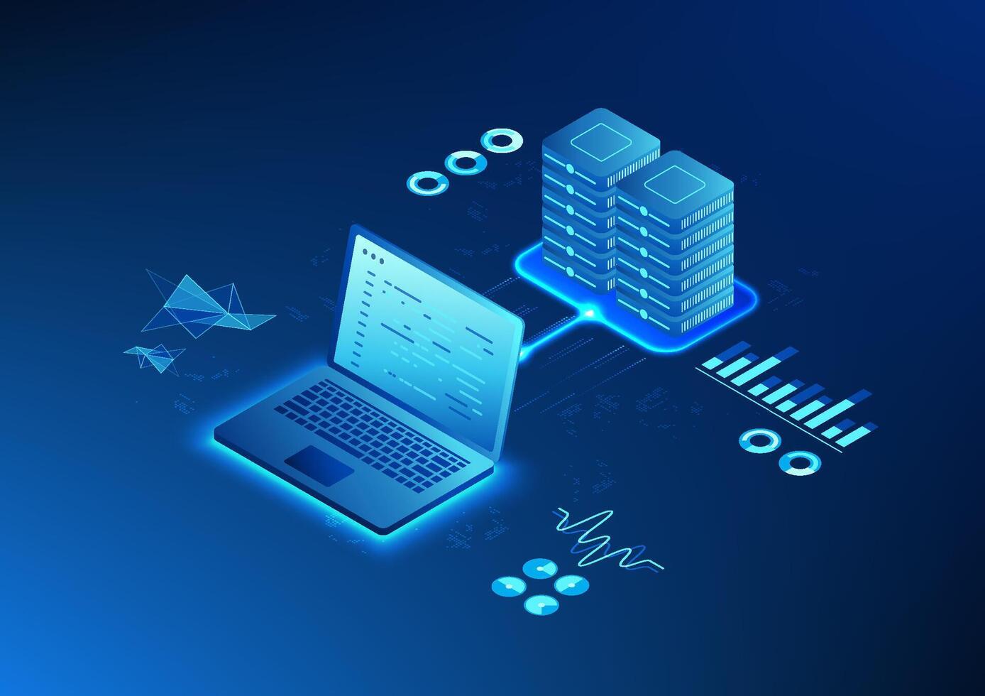 Isometric server, a server that controls the processing and storage of files on an organization's computer, a laptop connected to a data sending and receiving server, loading elements vector