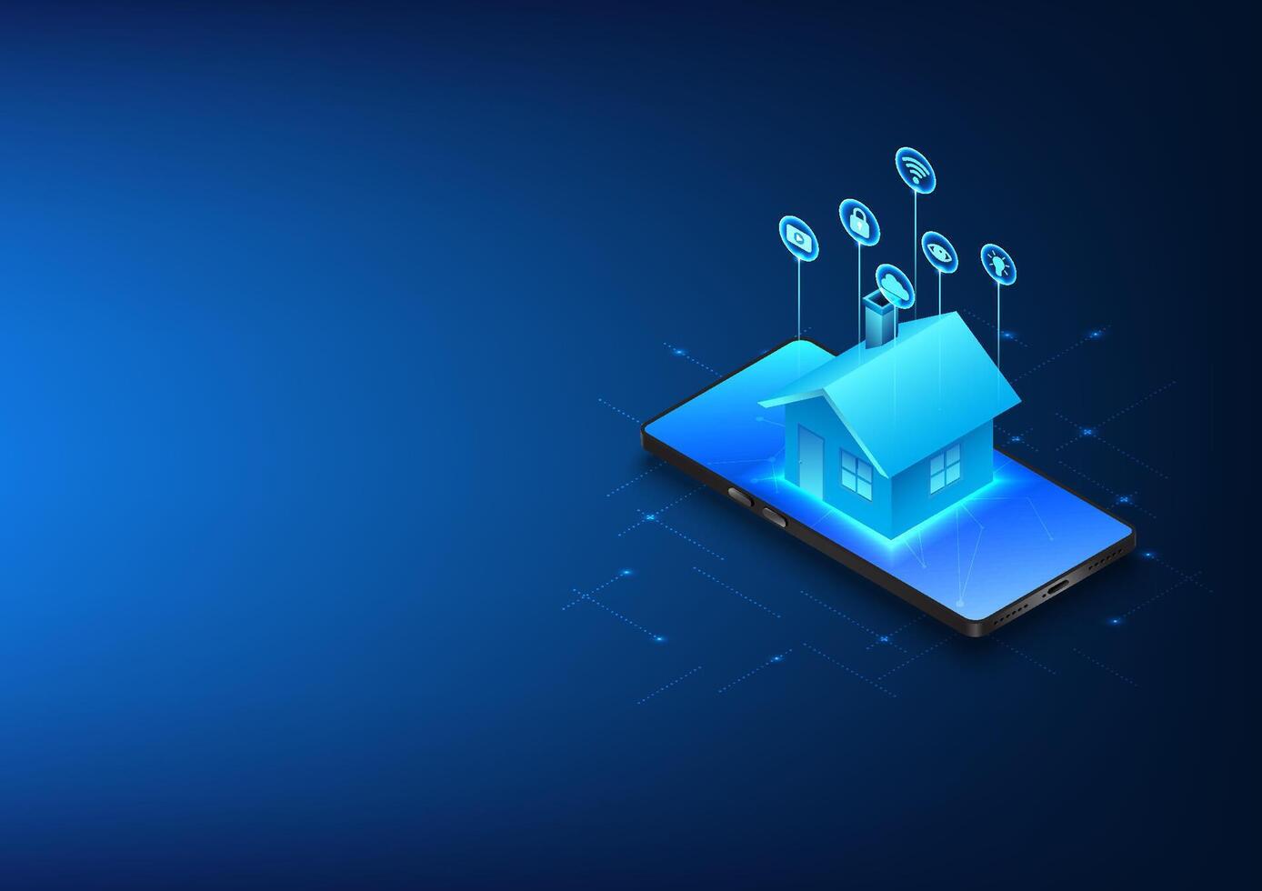 Smartphone technology connected to the system Internet of Things within the home to be able to control the operation of electronic devices, mobile phones at the screen House with icons, isometric vector
