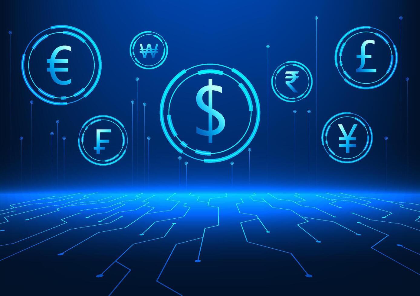 various foreign currency technology background with technology cycle It represents a new era of finance that comes in the electronic money system. by making transactions via the internet vector