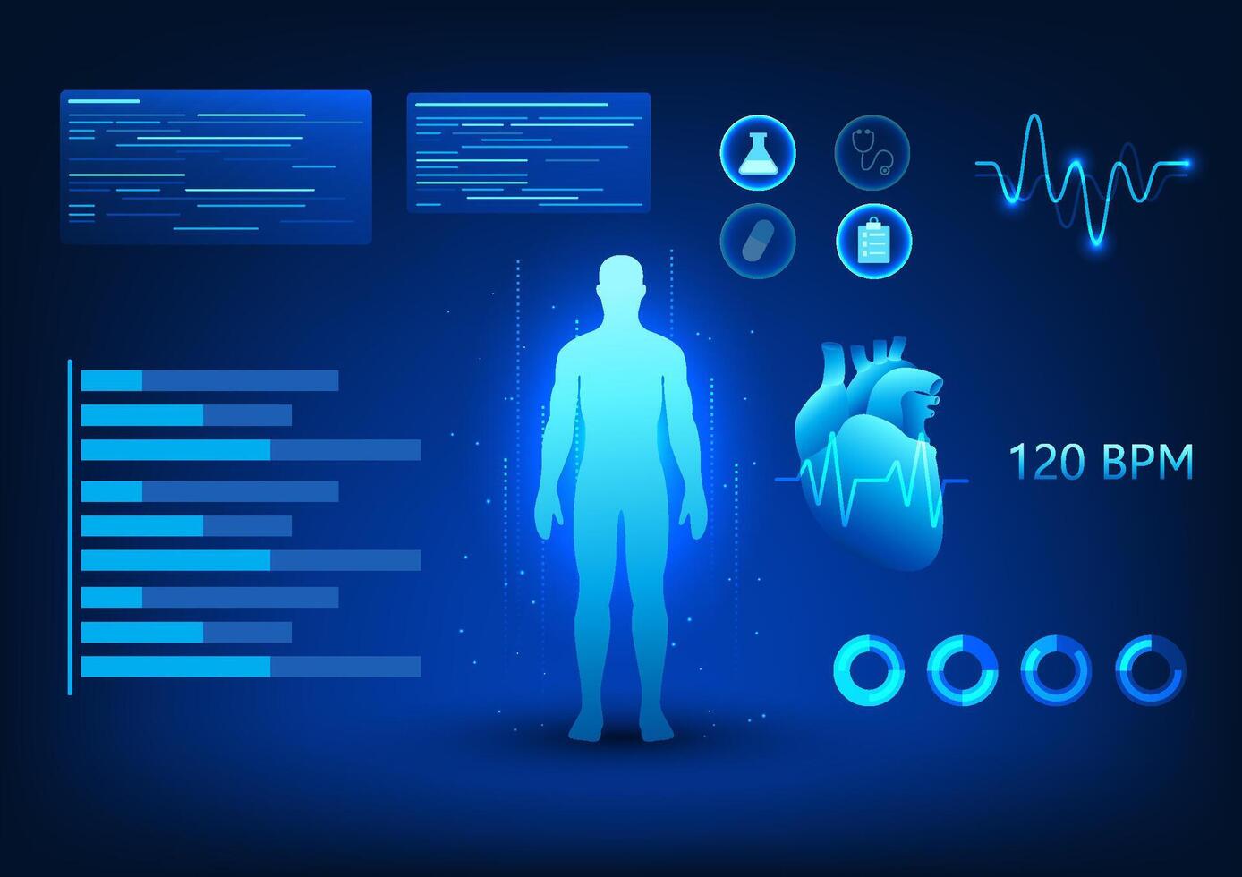 Medical technology A screen that projects a hologram of the human body showing heart rate information. The work of the heart system in order to diagnose disease and treat patients. vector