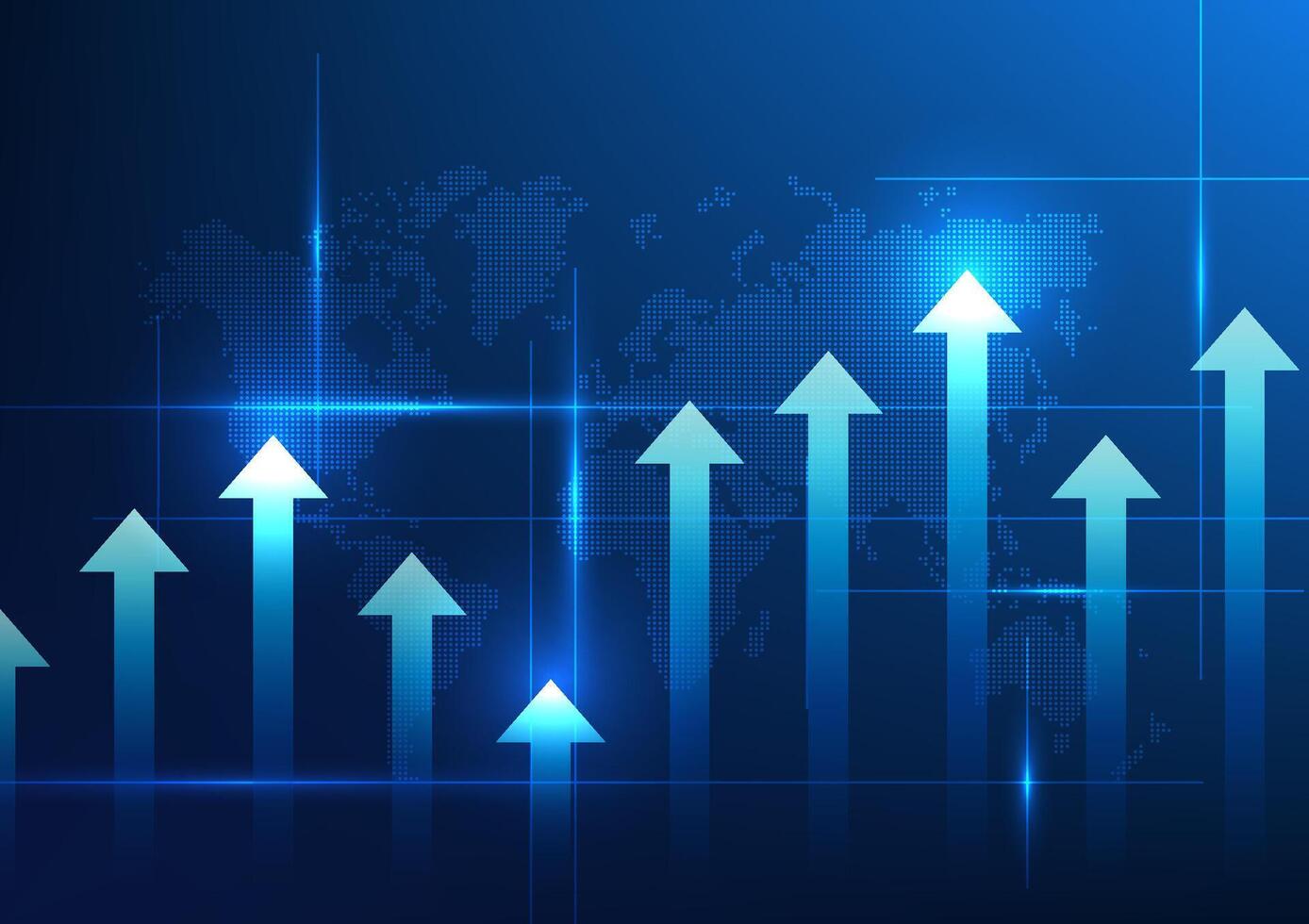 tecnología antecedentes con muchos flechas creciente hacia el mundo mapa. con un brillar un global concepto dónde tecnología es rápidamente evolucionando a permitir negocios en cada país a competir y crecer. vector