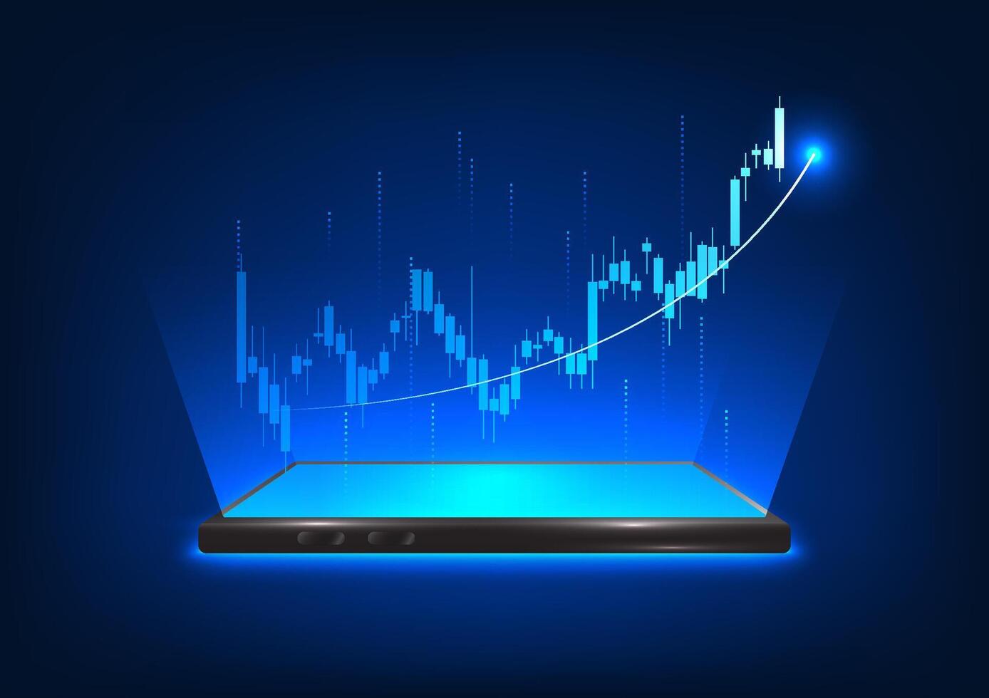 Smartphone technology that displays price graphs in the capital market Allows you to trade stocks via mobile phone and check the status of the price, Mobile phone that projects stock holograms vector