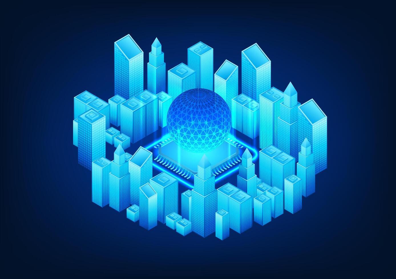 Smart city technology has a processor chip in the middle of the city. A smart city is a city that uses technology to help manage the living and economic environment of the city. vector