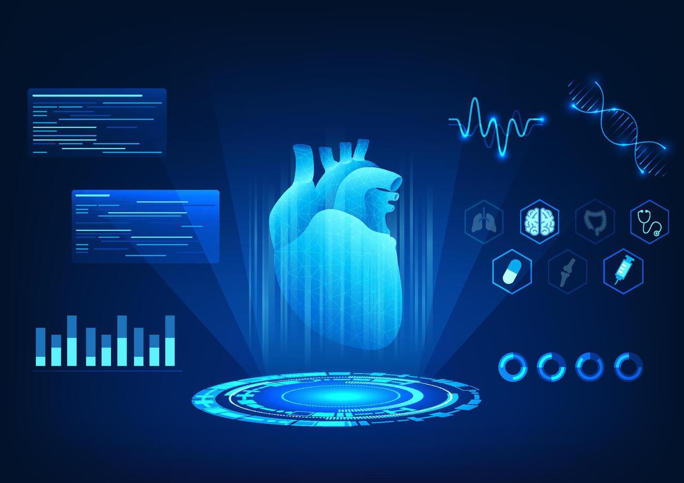 médico tecnología antecedentes holograma imagen de el corazón ese muestra el corazón Velocidad a lo largo con detallado información acerca de interno órganos entonces ese doctores lata diagnosticar enfermedad y proporcionar tratamiento vector