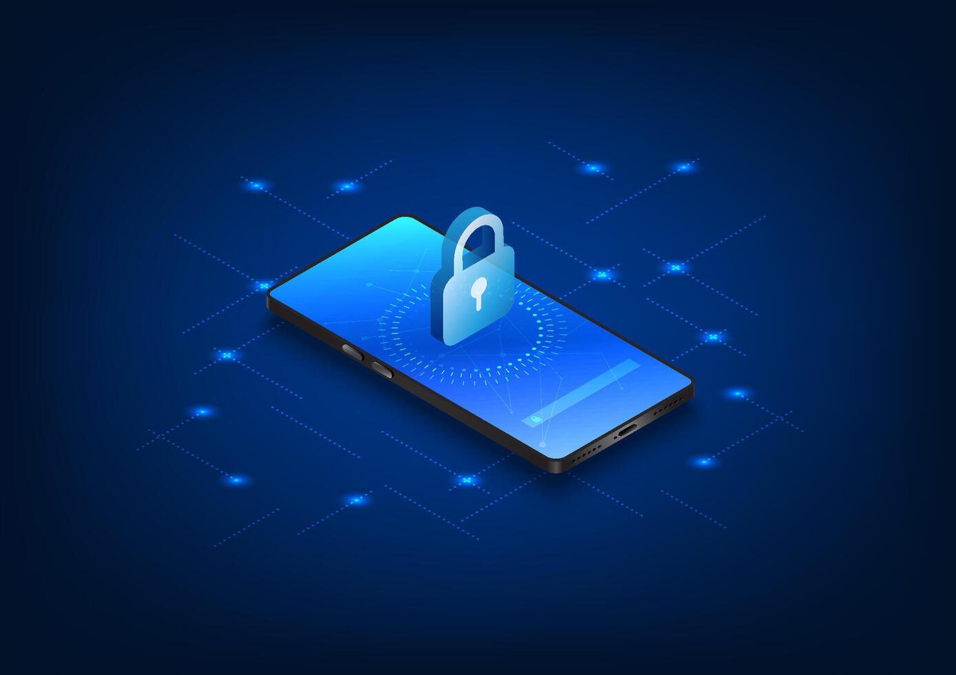 Cybersecurity technology built into smartphones has a security system. Prevent data theft and destruction, enter the verification code to use. Mobile phone screen with lock,  isometric vector