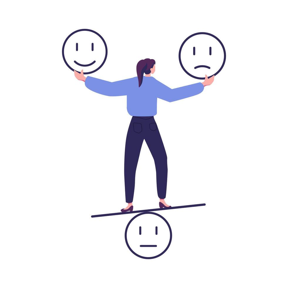 Emotional intelligence, balance emotion control feeling between work stressed or sadness and happy lifestyle concept, mindful calm woman using her hand to balance smile and sad face. vector