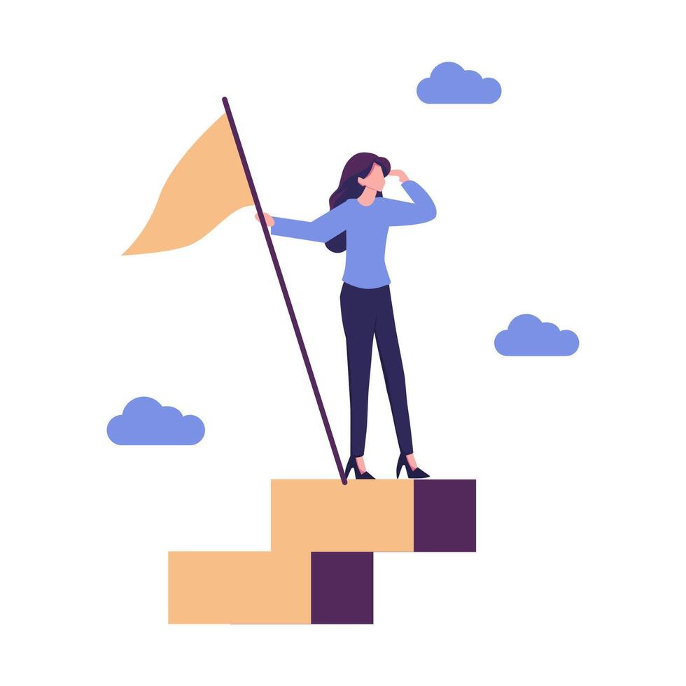Success fearless female entrepreneur, woman leadership or challenge and achievement concept, success businesswoman on top of career staircase holding winning flag looking for future visionary. vector