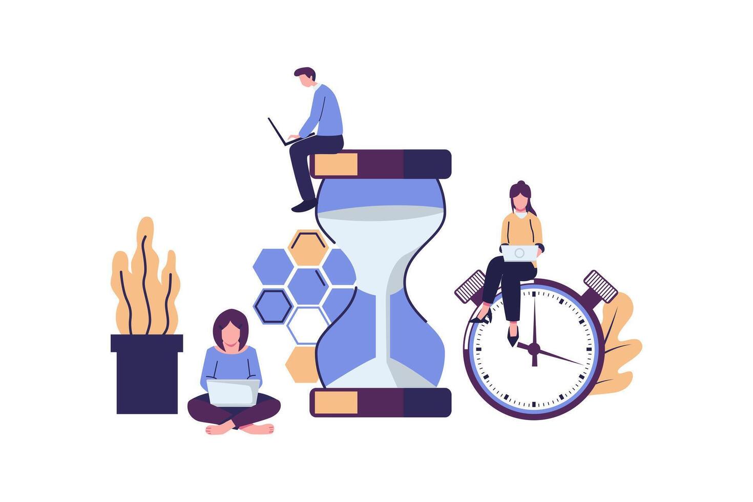 Team working together with laptops. Time management and business planning flat illustration vector