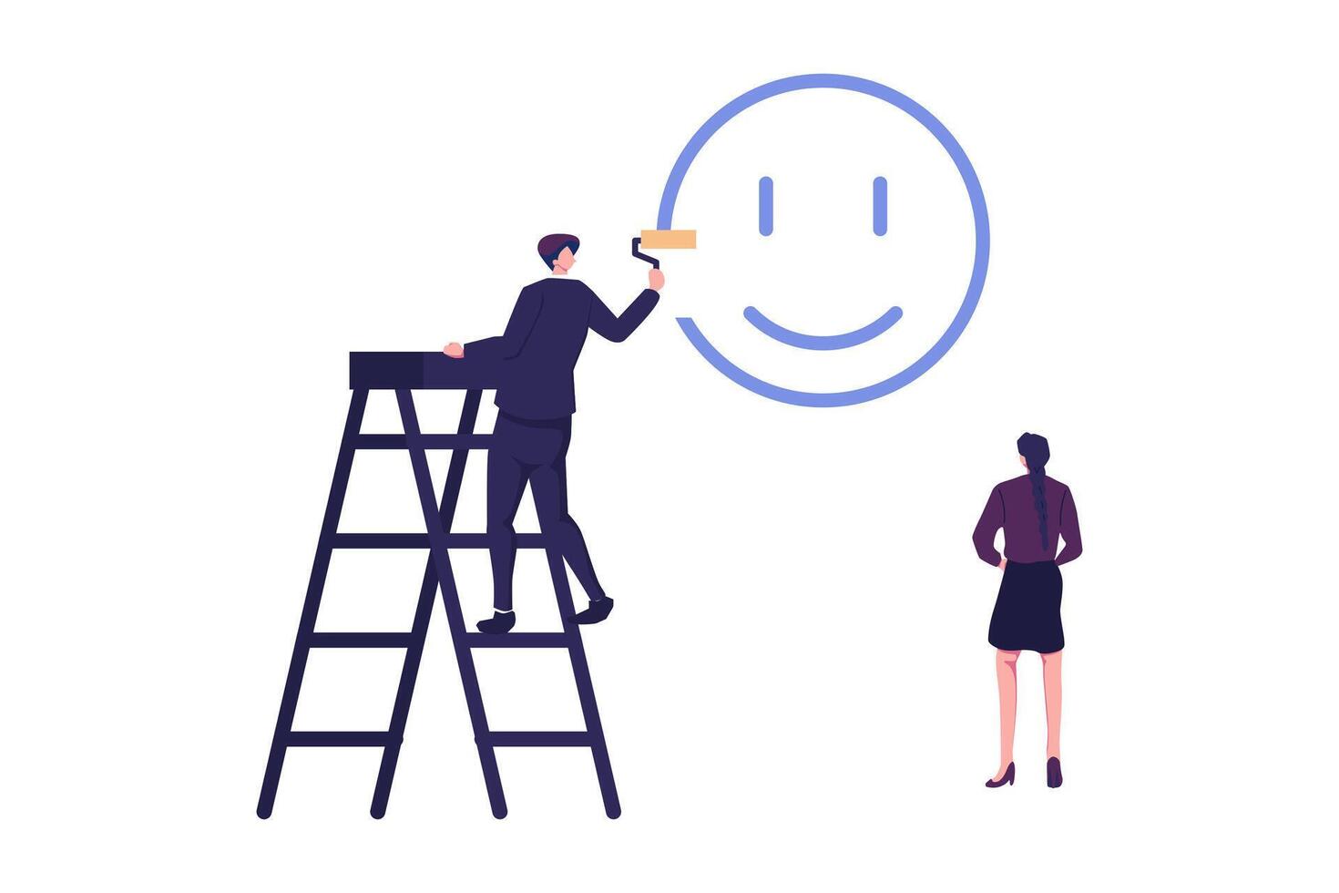 Happiness and positive thinking, optimism or motivation to live happy life concept, happy boy climb up ladder to paint smile face on the wall vector