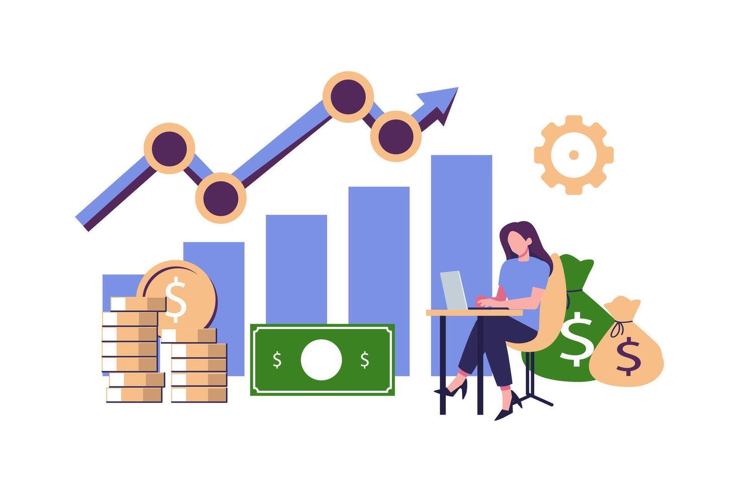 Investment and Analysis Money Profits. Investor sitting on stack of coins. Employee Making Investing Plans, Calculating Benefits on Laptop. Profitable investment, funding Financial consulting, savings vector