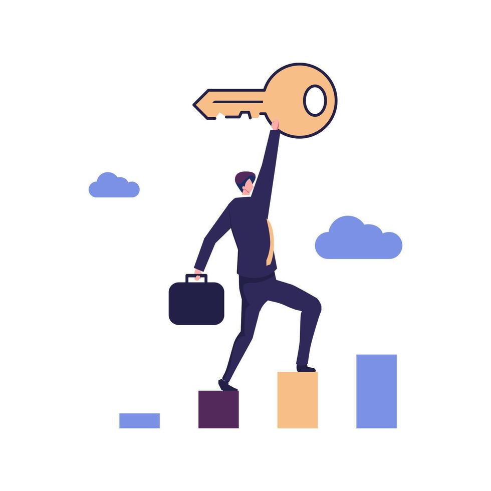Key to business success, stairway to find secret key or achieve career target concept flat style illustration vector