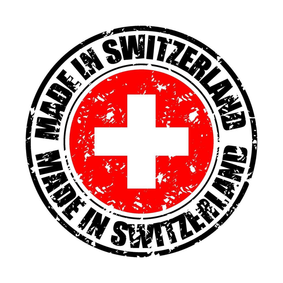 Print of rubber stamp made in switzerland. Vector of sticker insignia, warranty emblem illustration, tag imprint banner, watermark export, country swiss manufacture guarantee