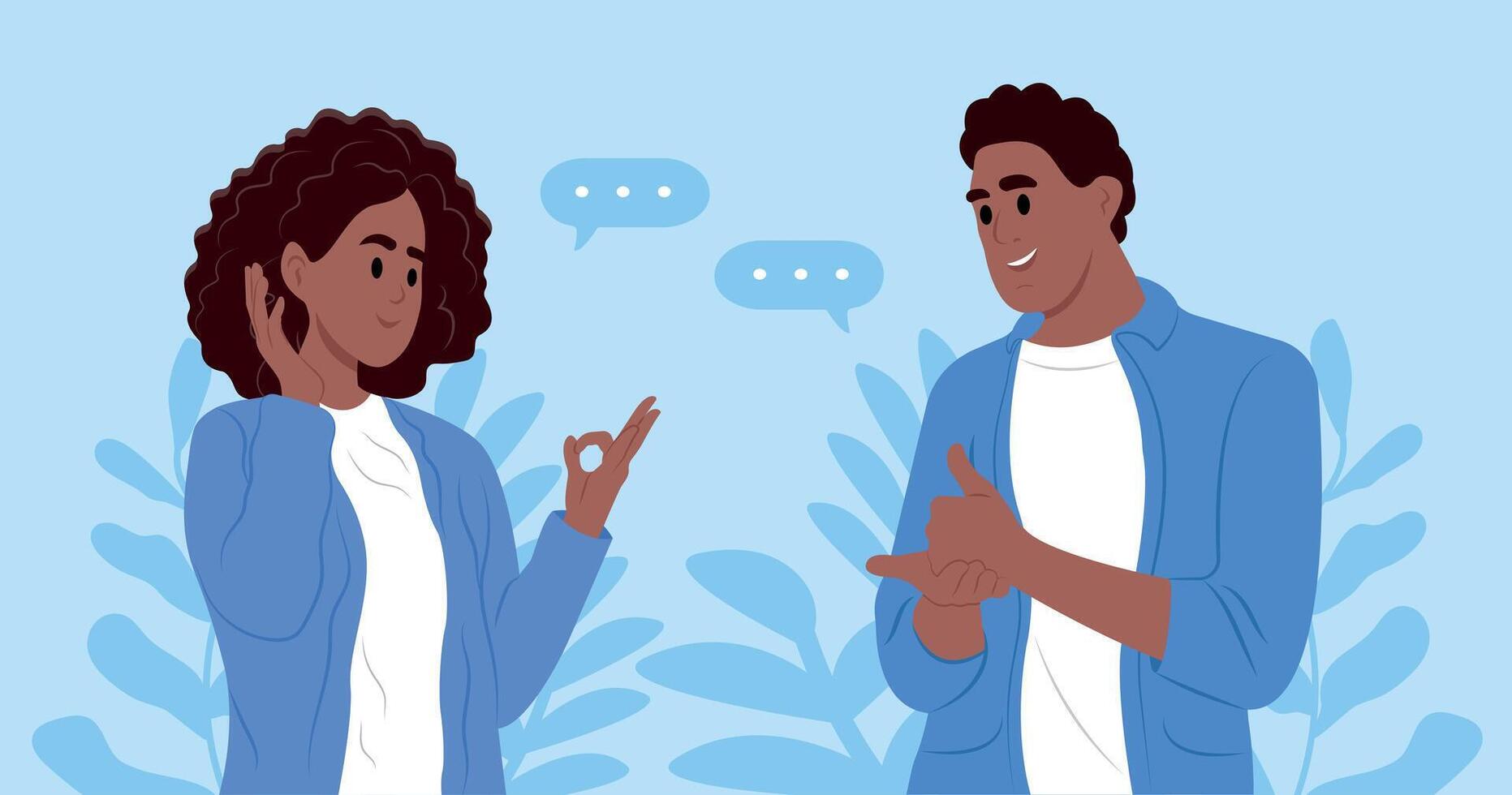 International day of sign languages. A pair of deaf and mute people using sign language to communicate. A man and a woman with hearing impairment. vector