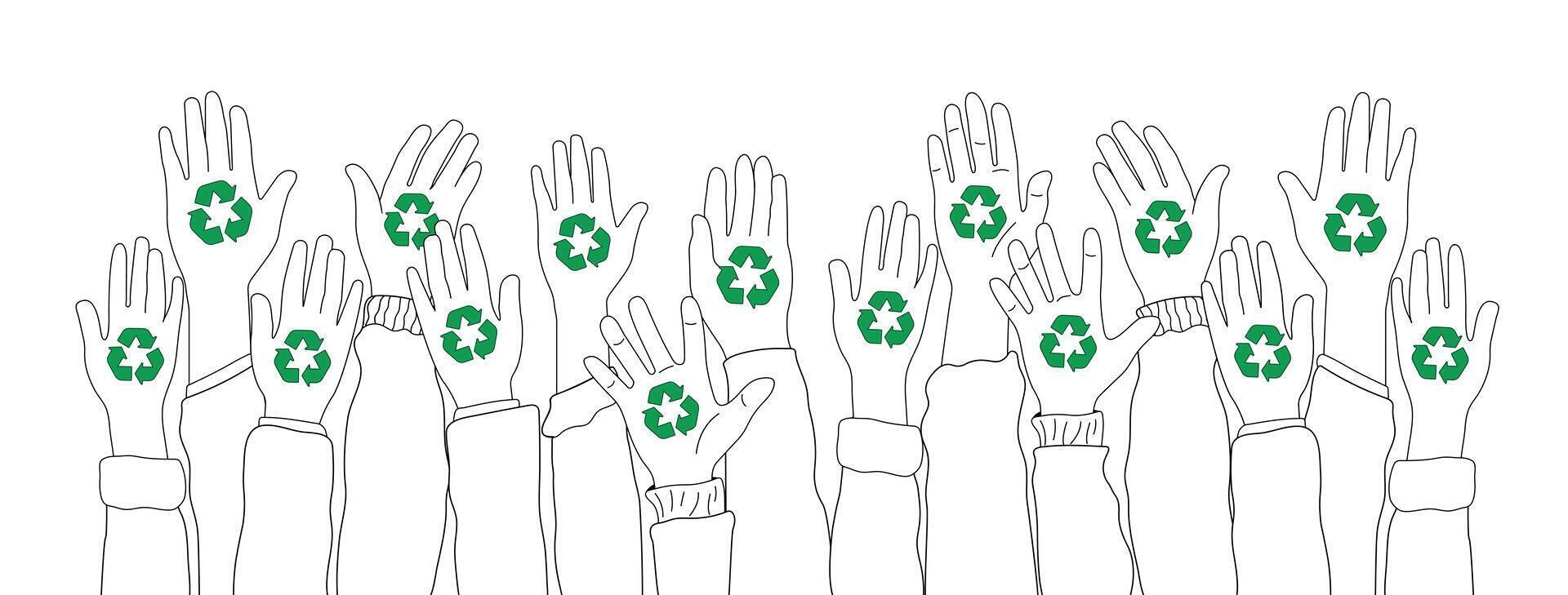Recycling concept illustration. Group of hands with recycling sign to prevent environmental pollution. Vector illustration.