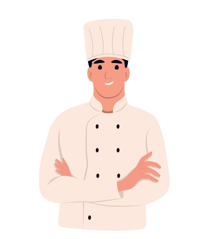 Chef in uniform with hat background. Chef restaurant and hotel. Smiling young chef standing with crossed arms. vector