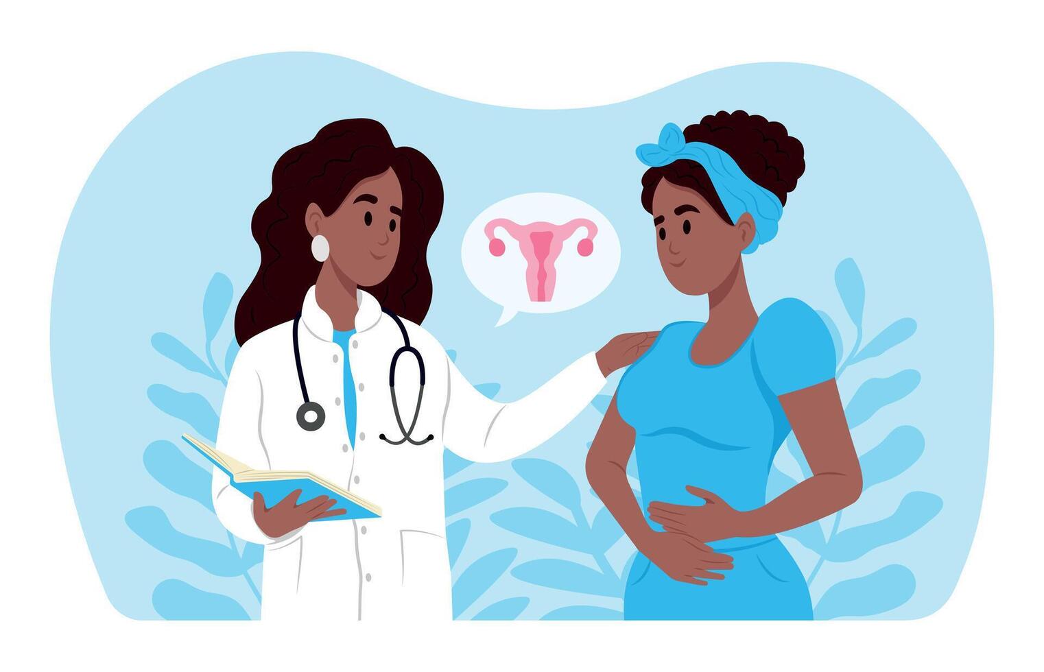 A black family doctor talks to a patient with uterine endometriosis. Endometriosis Awareness Month Poster Design vector