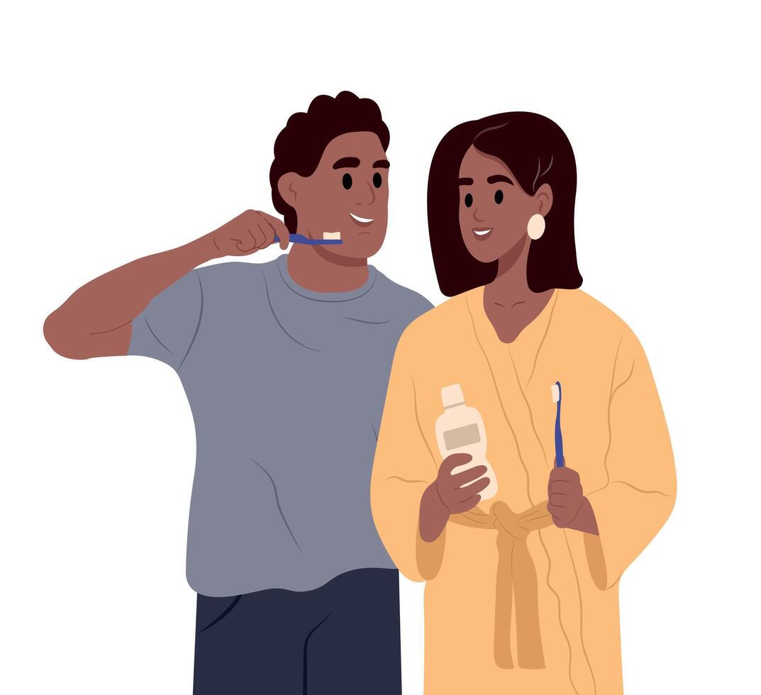 africano hombre, mujer tomando cuidado de oral salud o cepillado dientes. negro Pareja en el baño. vector