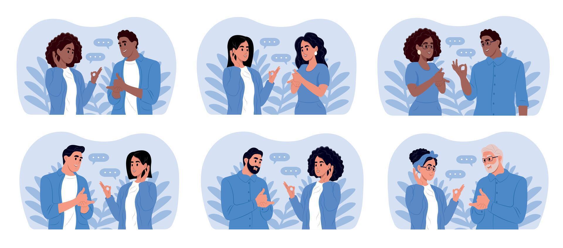 Person of different races and ages. A pair of deaf and mute people using sign language to communicate. A man and a woman with hearing impairment. World Deaf Day and World Hearing Day . vector