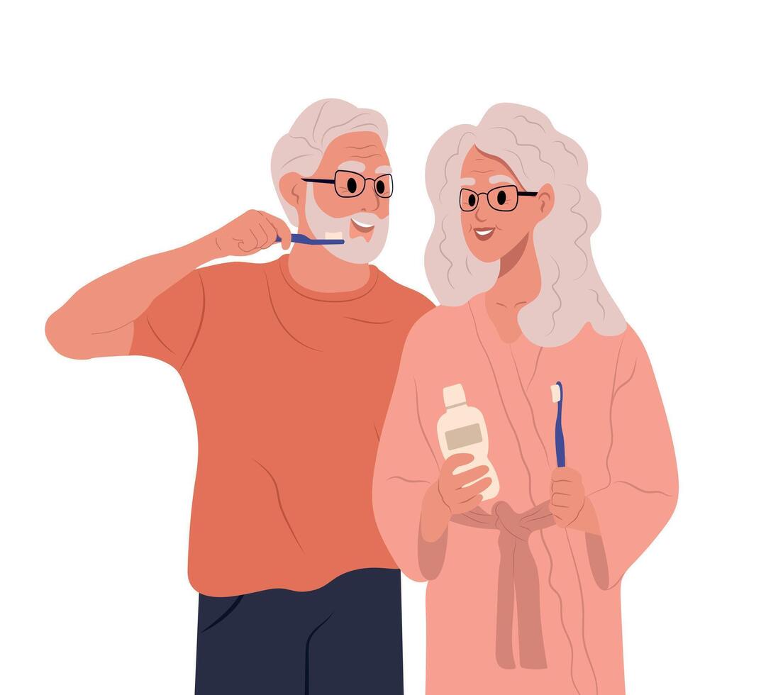 World oral health day. Man, woman taking care of oral health or brushing teeth. An elderly couple brushes their teeth with a toothbrush. vector