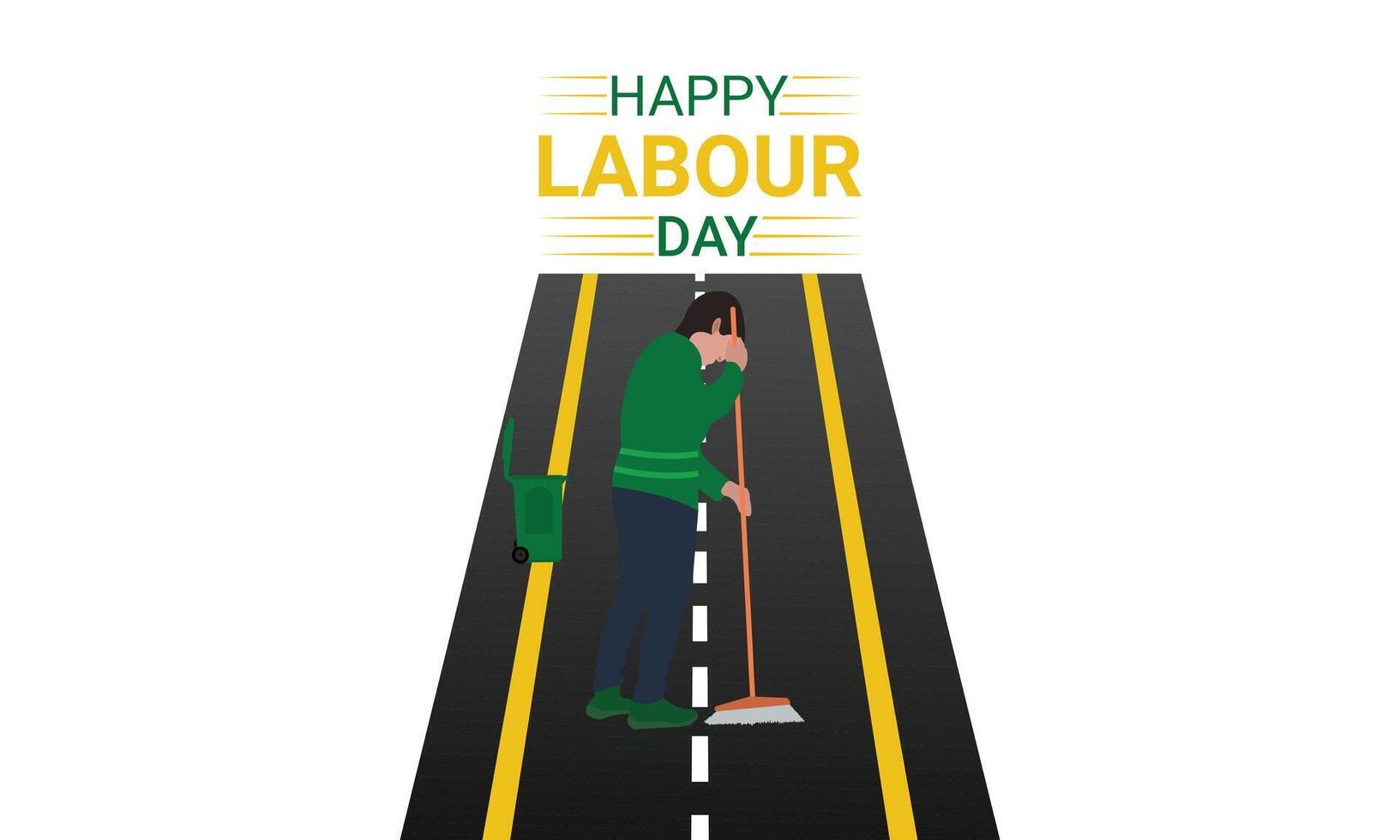 Happy Labour Day with a street cleaning woman holding a broom, vector trash bin or street illustration.