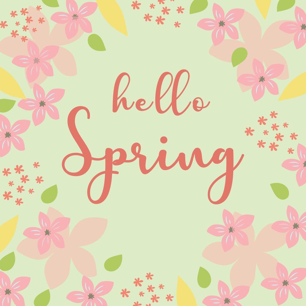 Hello spring. Spring composition in flat style with flowers and leaves. vector