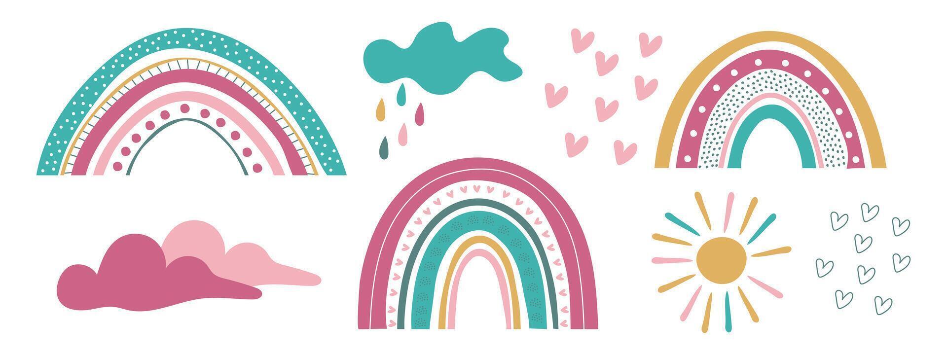 Scandinavian cute rainbow vector illustration on white background. Rainbow, clouds, rain, sun.