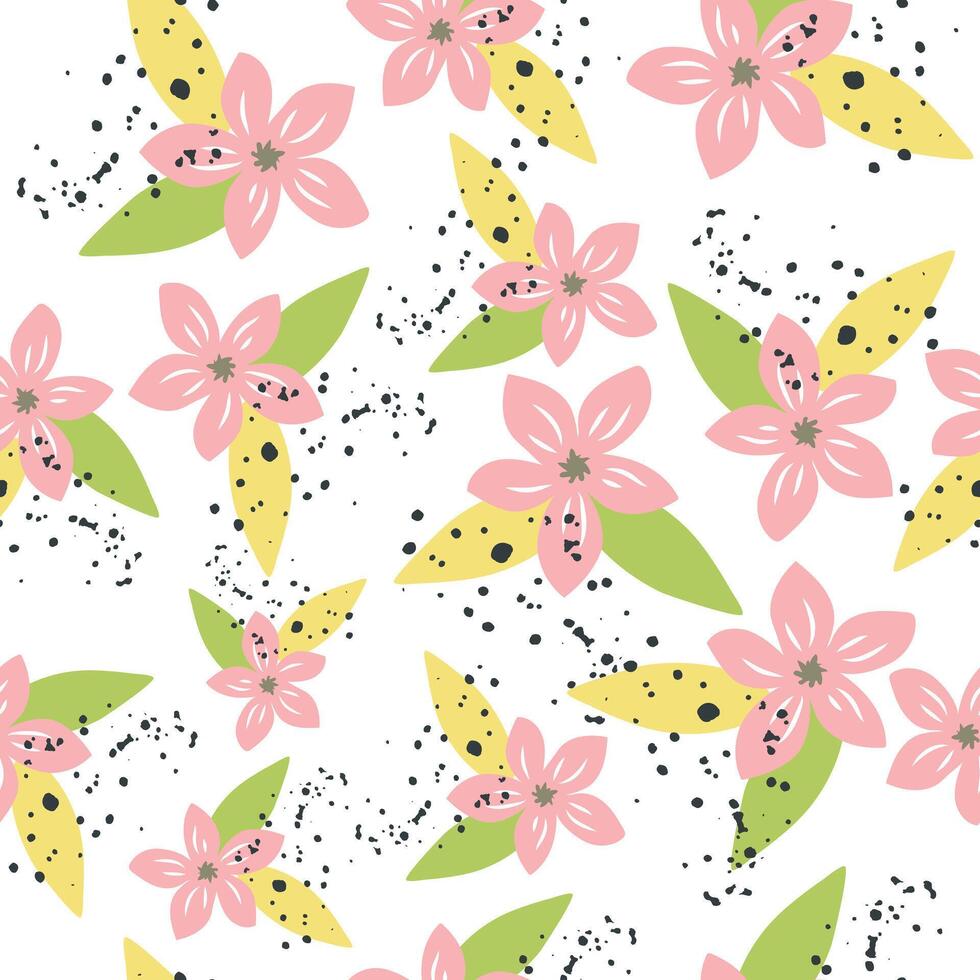 Seamless pattern with pink flowers and splashes. Vector flower abstract.