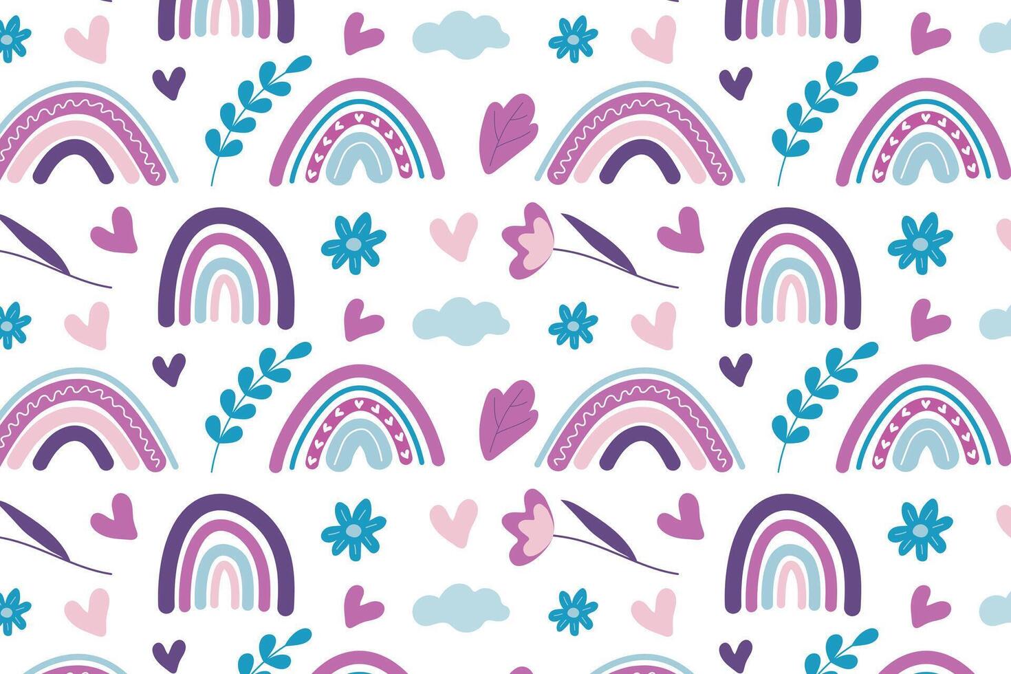 Rainbow background with rainbows and flowers in Scandinavian style, in lilac tones. vector