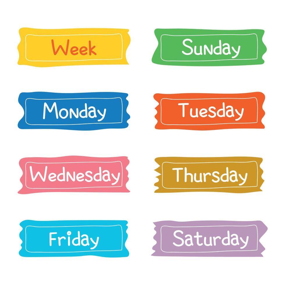 Set of cute speech bubbles with the name of the day of the week, Sunday, Monday, Tuesday, Wednesday, Thursday, Friday, Saturday. vector