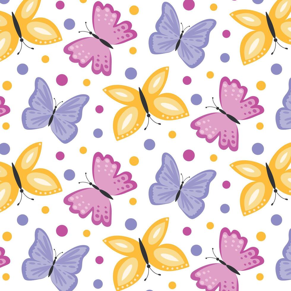 Polka dot pattern with cute cartoon style butterflies. vector