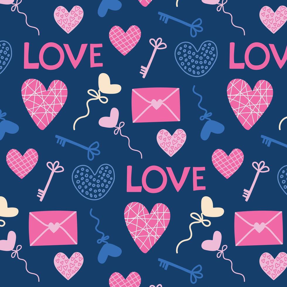 Background with hearts and the inscription Love on a blue background. vector