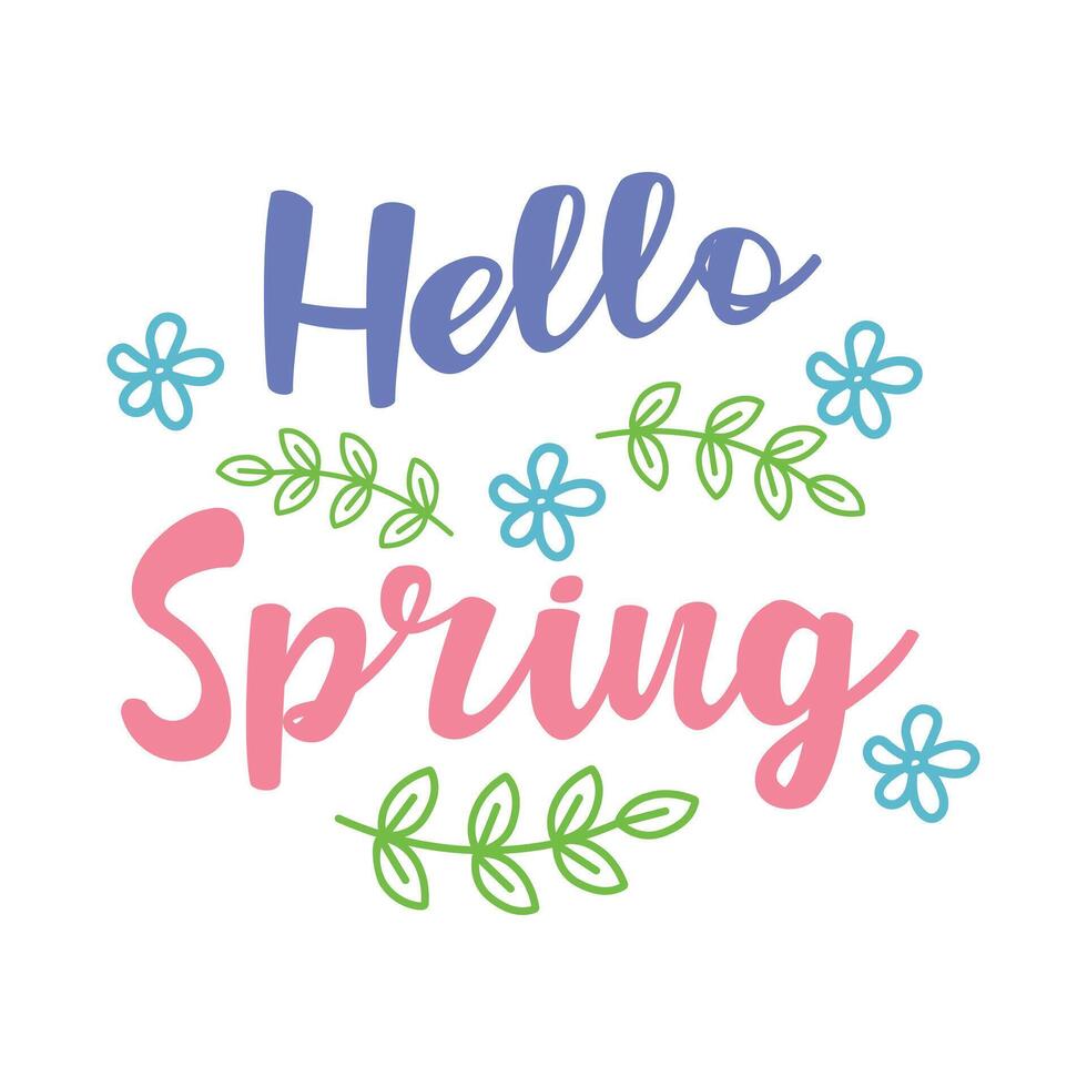 Hello spring banner, spring season, greeting lettering with flowers and green leaves on a white background. vector